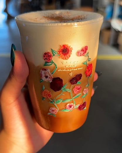 Vintage Floral Glass Cup | 16oz Aesthetic Coffee Tumbler