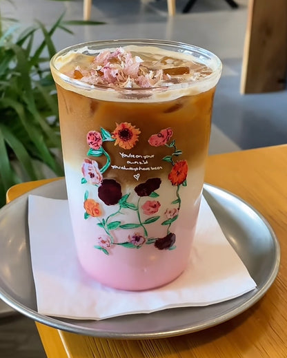 Vintage Floral Glass Cup | 16oz Aesthetic Coffee Tumbler