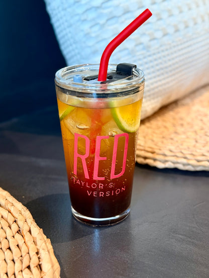 Vintage Crimson Glass Tumbler with Lid | 17.6oz Retro Aesthetic Cup with Red Silicone Straw