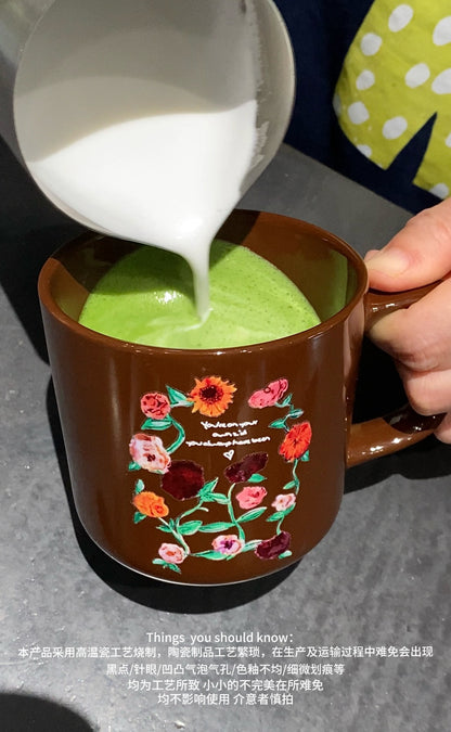 Vintage Floral Brown Ceramic Mug | 9oz Coffee & Matcha Cup