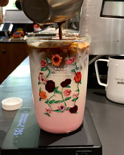 Vintage Floral Glass Cup | 16oz Aesthetic Coffee Tumbler