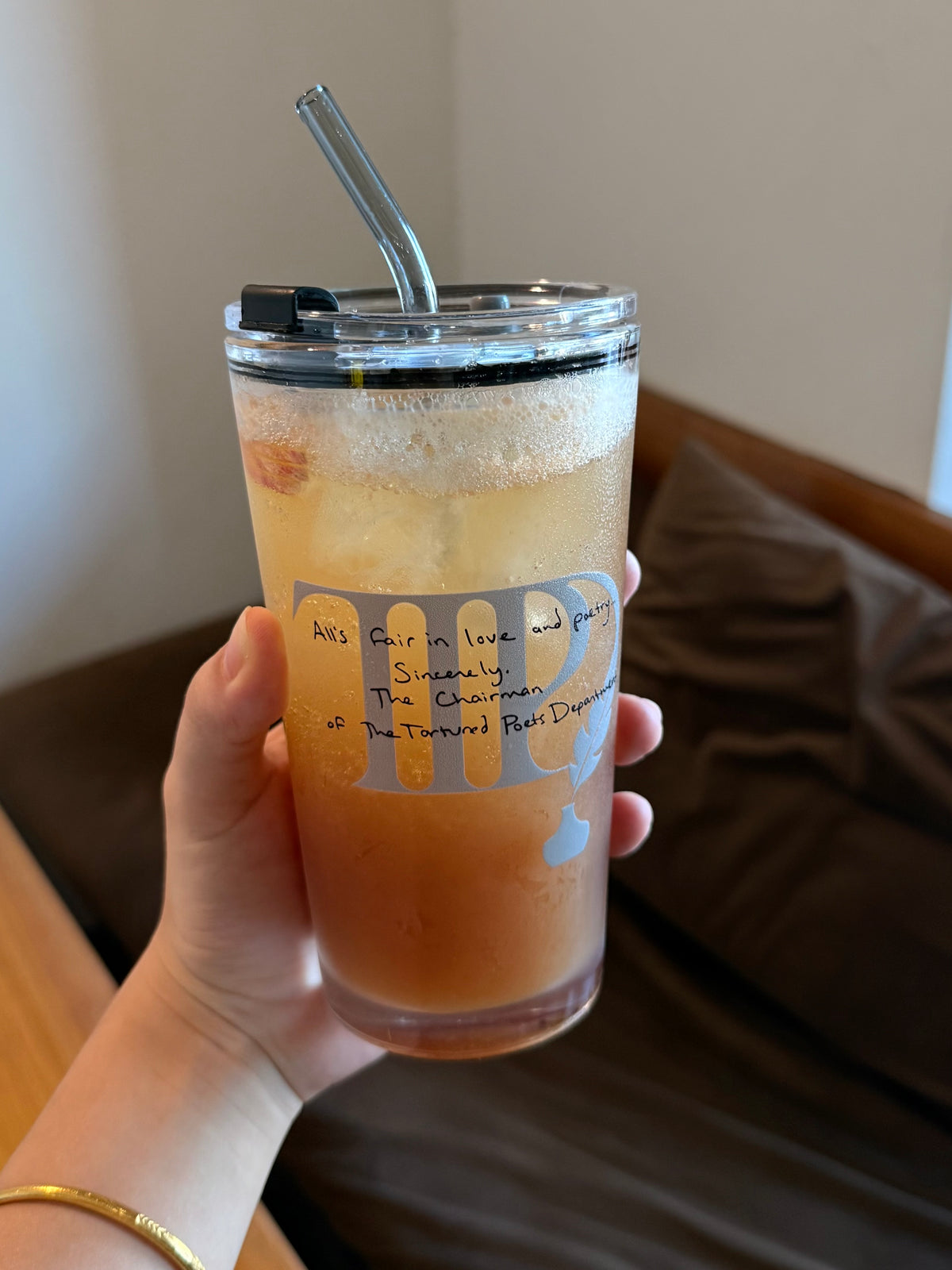 Vintage Poetry Glass Tumbler | 17.6oz Cup with Gray Glass Straw