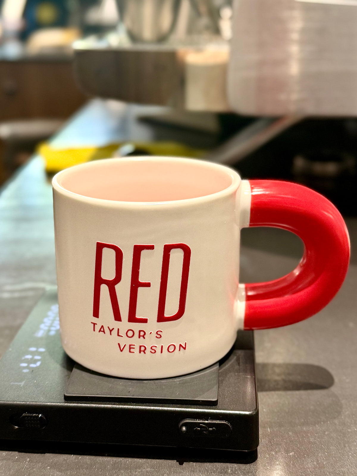 Vintage Crimson Ceramic Mug | 12oz Retro Music-Inspired Coffee Cup