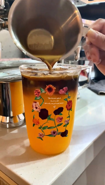 Vintage Floral Glass Cup | 16oz Aesthetic Coffee Tumbler