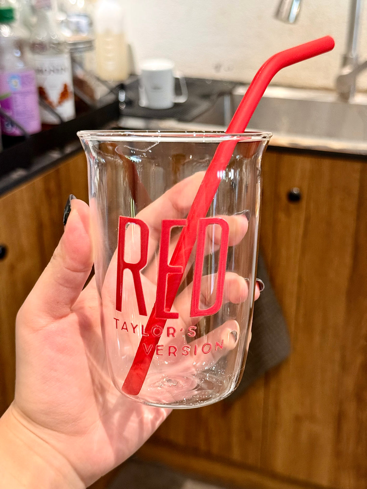 Vintage Crimson Glass Cup | 16oz Retro Aesthetic Tumbler with Red Silicone Straw