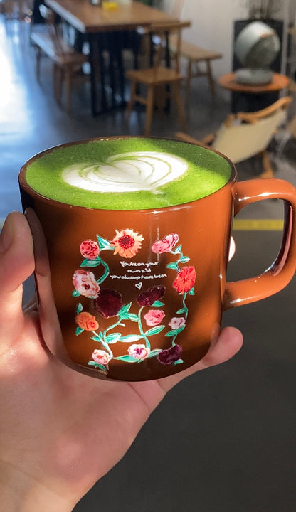Vintage Floral Brown Ceramic Mug | 9oz Coffee & Matcha Cup