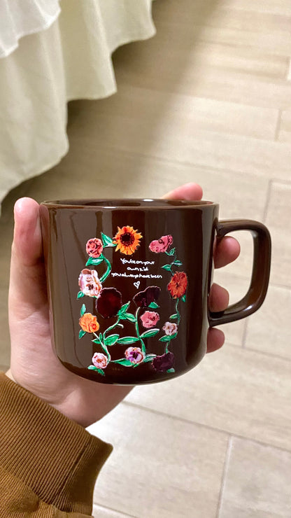 Vintage Floral Brown Ceramic Mug | 9oz Coffee & Matcha Cup