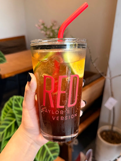 Vintage Crimson Glass Tumbler with Lid | 17.6oz Retro Aesthetic Cup with Red Silicone Straw