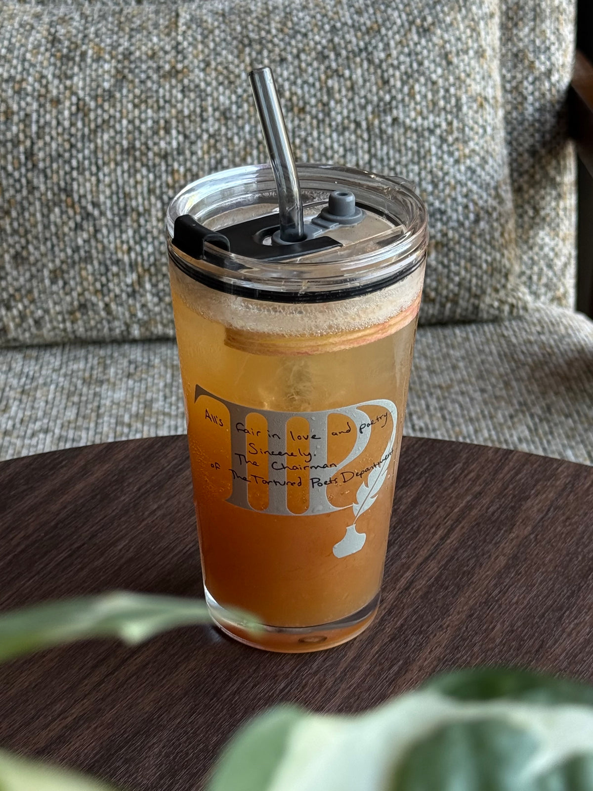 Vintage Poetry Glass Tumbler | 17.6oz Cup with Gray Glass Straw