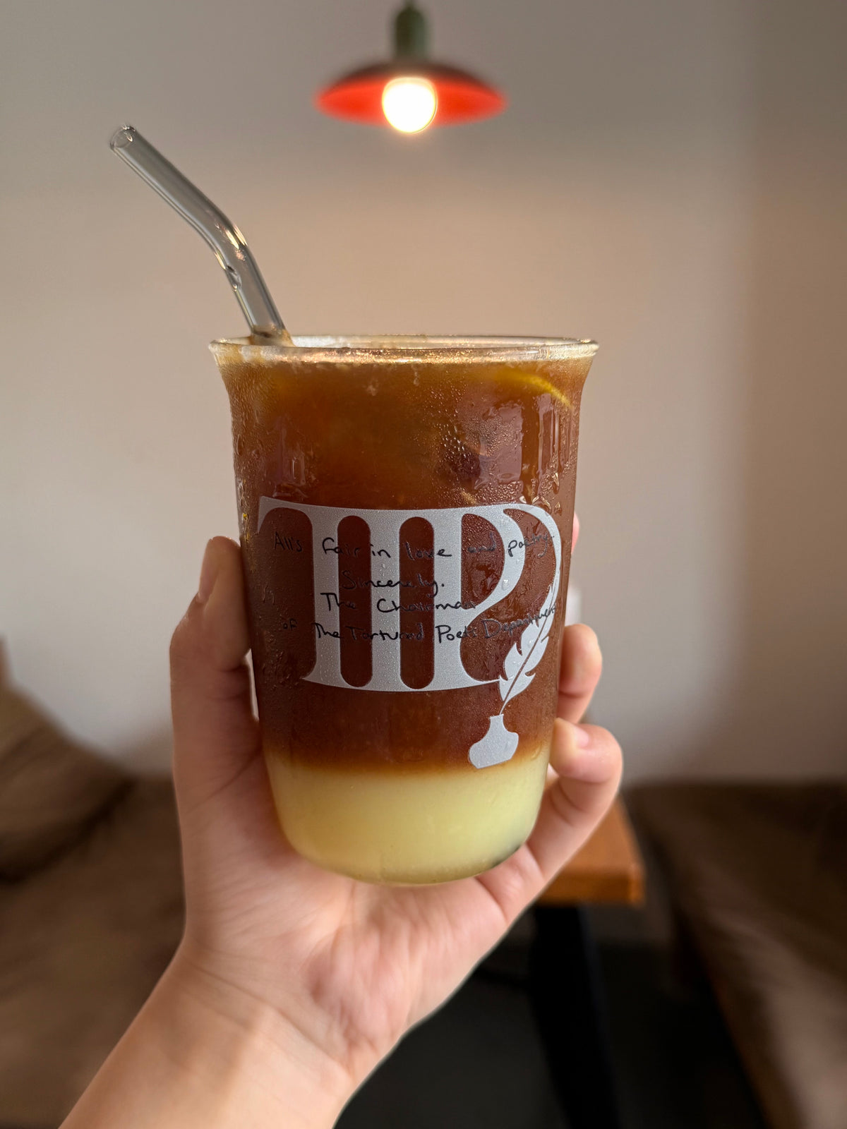 Vintage Poetry Glass Cup | 16oz Literary Aesthetic Tumbler with Gray Glass Straw