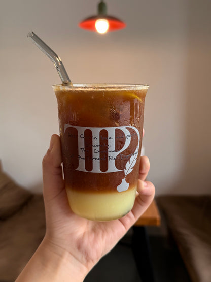 Vintage Poetry Glass Cup | 16oz Literary Aesthetic Tumbler with Gray Glass Straw